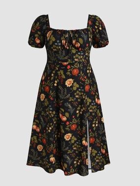 Cider Black Floral & Fruit Puff-Sleeve Midi Dress